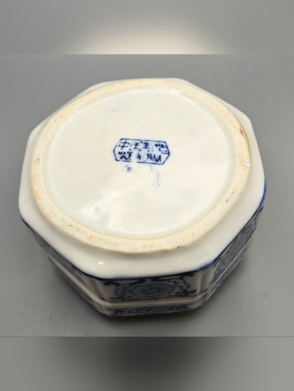Chinoiserie Octagonal Blue & White Porcelain Trinket Jar w/ Lid China - Picture 4 of 5